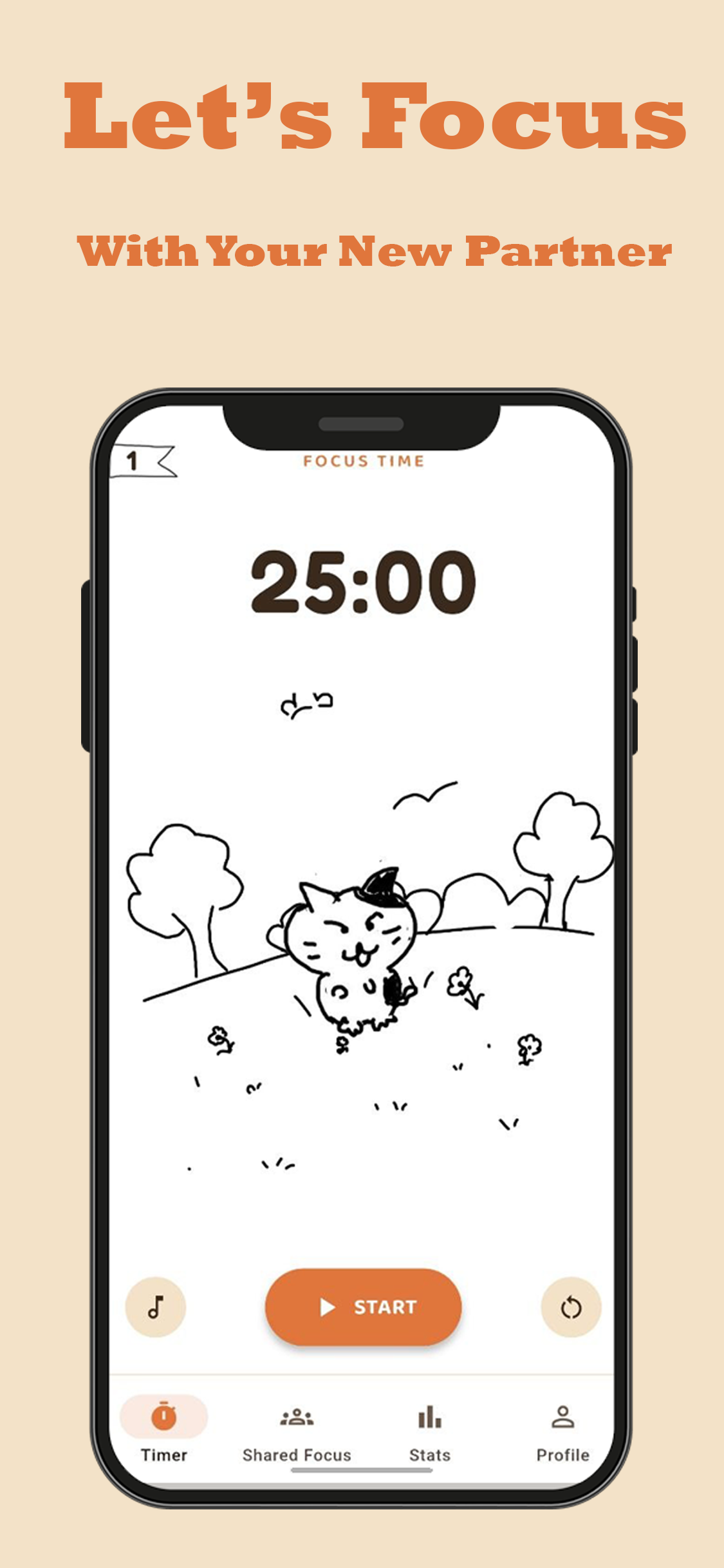 Let's Timer focus screen with cat companion