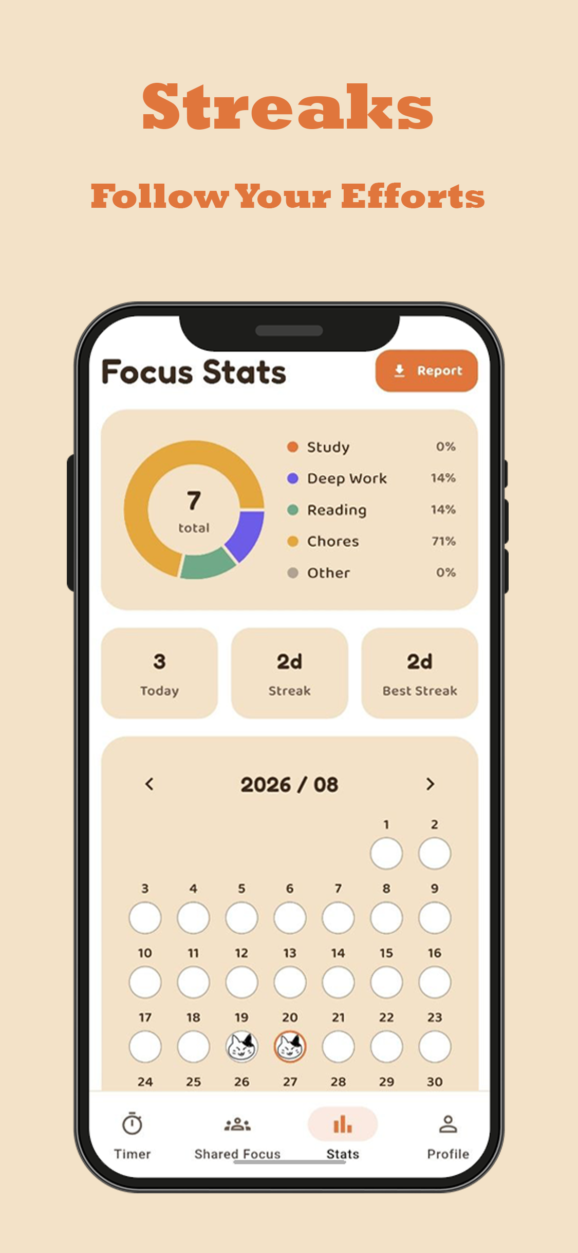 Focus stats and streak calendar